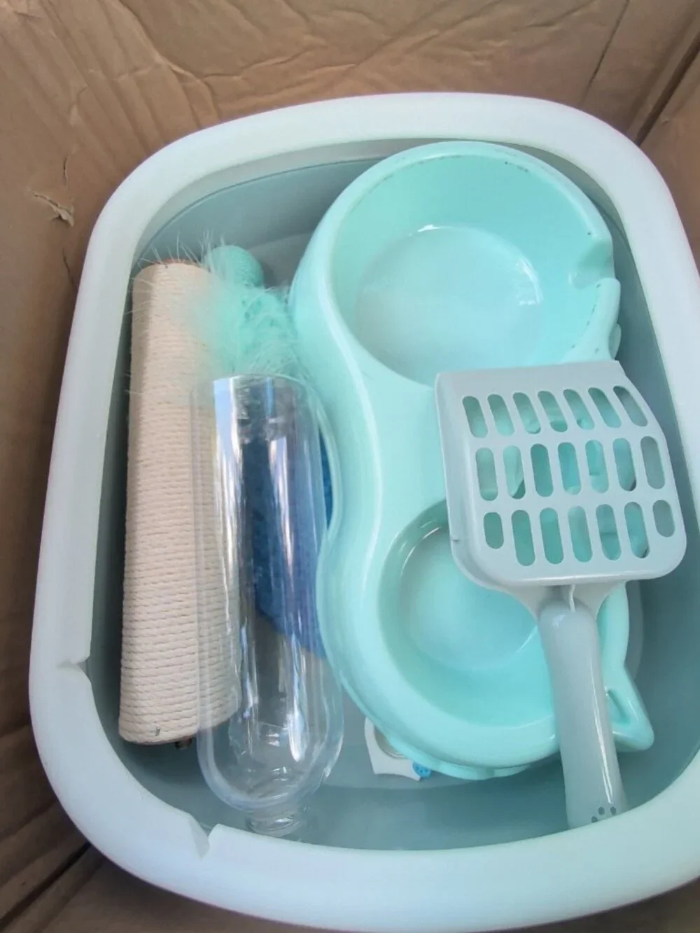 Pet Care Starter Kit with Travel Carrier Bag, Litter Box, Bowls, and Accessories